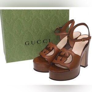 NEW GUCCI BROWN LEATHER CUT OUT INTERLOCKING G LOGO SANDALS HEELS SHOES 39.5/9.5